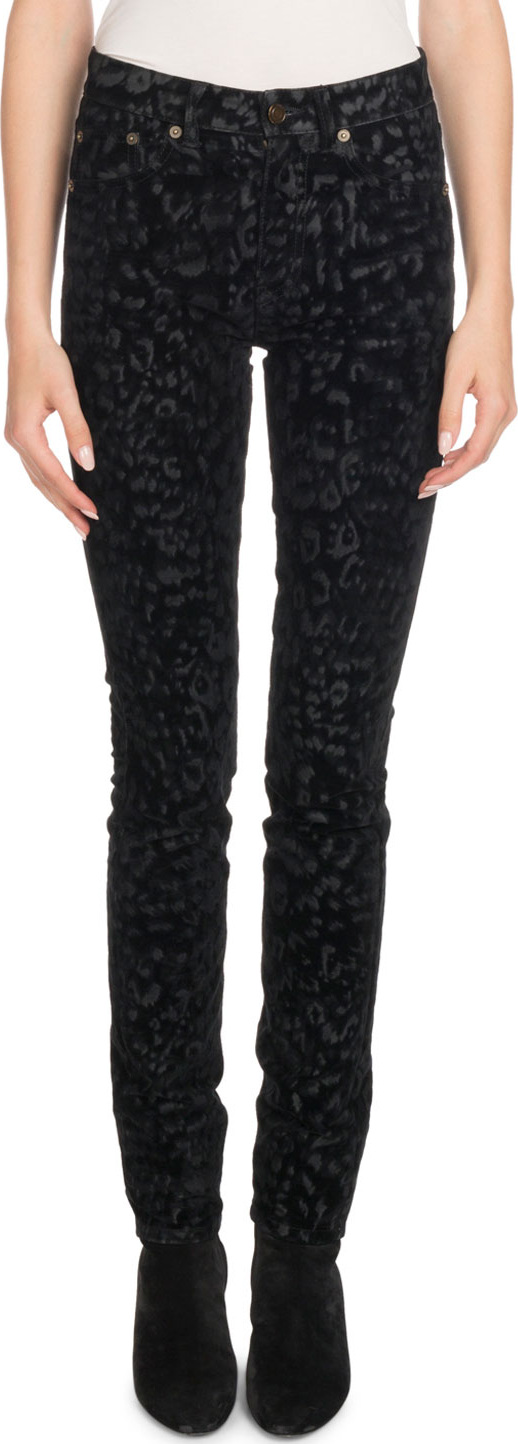 Saint Laurent Mid-Rise Skinny-Leg Leopard-Flock Velvet Jeans