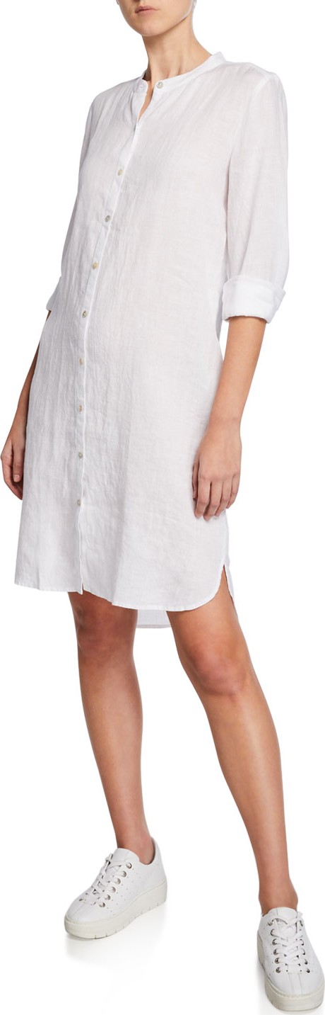 Eileen Fisher Mandarin Collar Long-Sleeve Organic Linen Shirtdress
