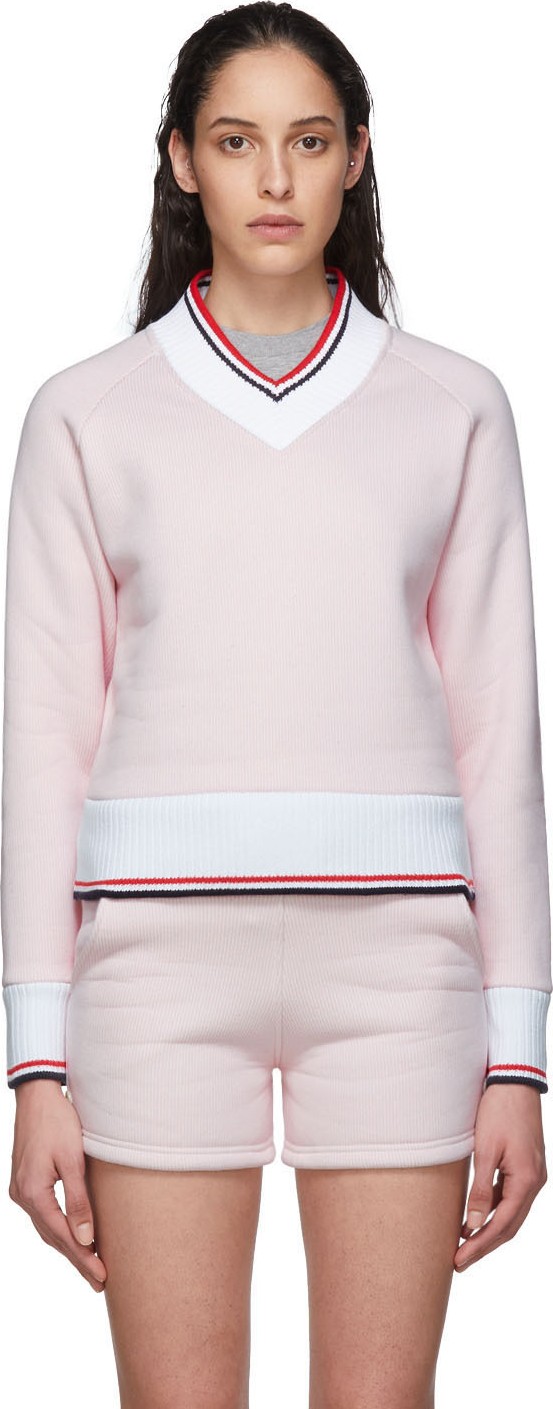 Thom Browne Pink & White University V-Neck Sweater