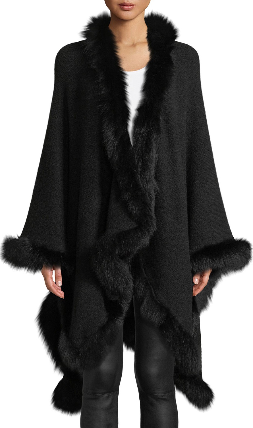Alice + Olivia Kamala Oversized Drape Poncho with Fur Trim