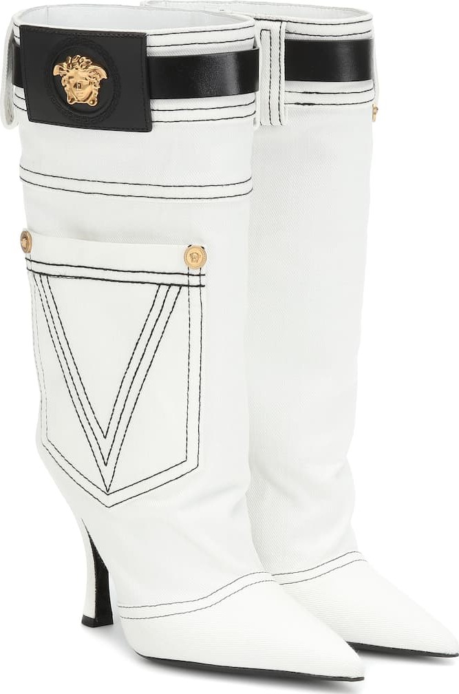 Versace Leather-trimmed denim boots