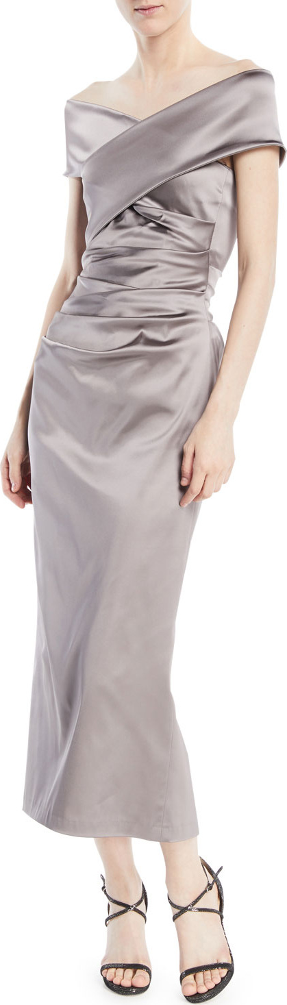 Talbot Runhof Poe Off-the-Shoulder Ruched Stretch-Satin Cocktail Dress