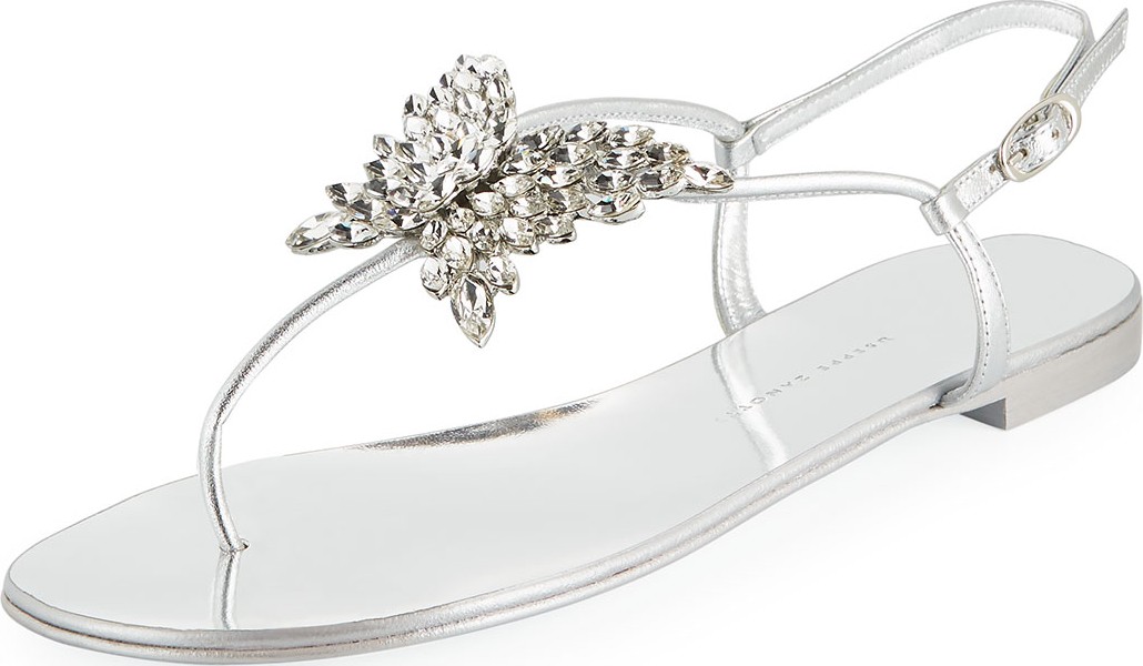 Giuseppe Zanotti Flat Metallic Leather Thong Sandals with Butterfly