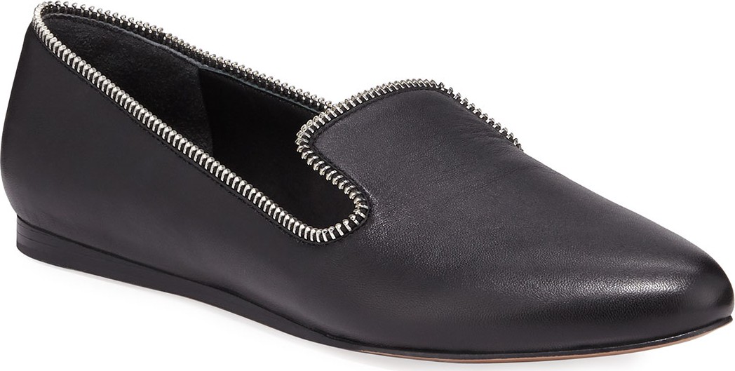 Veronica Beard Griffin Flat Leather Loafers with Zipper Detail