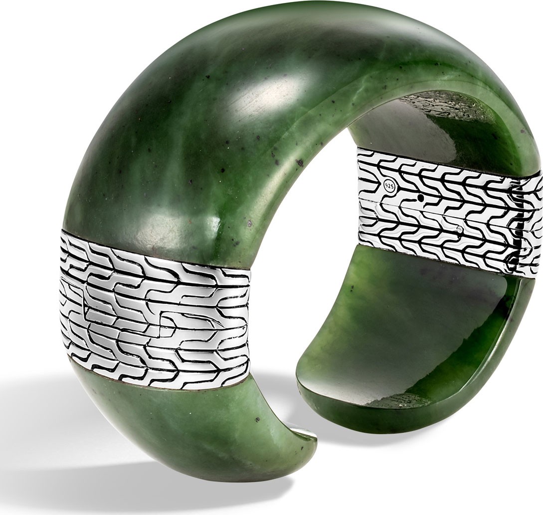 John Hardy Classic Chain Wide Silver Flex Kick Cuff Bracelet with Green Jade, Size L