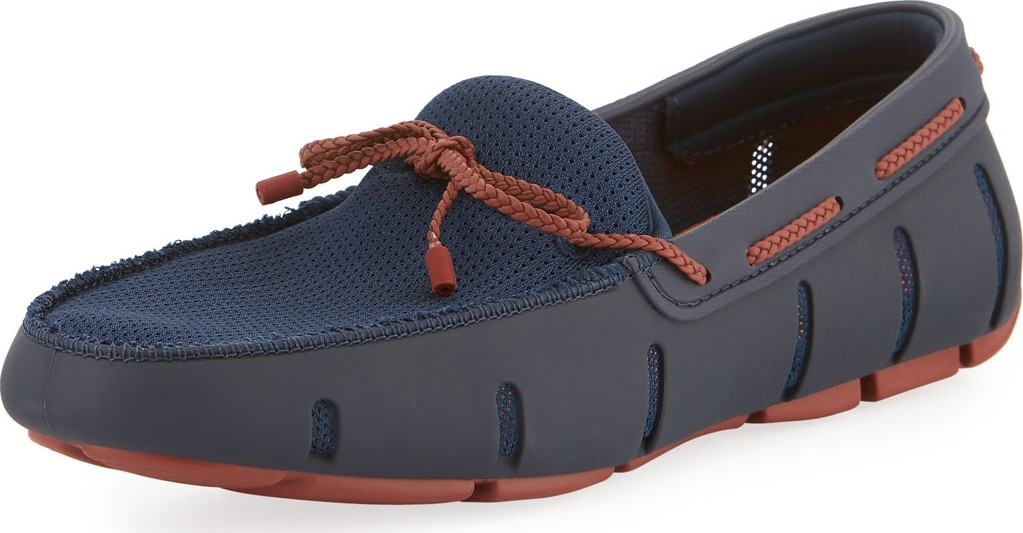 Swims Mesh & Rubber Braided-Lace Boat Shoes, Navy/Red Lacquer