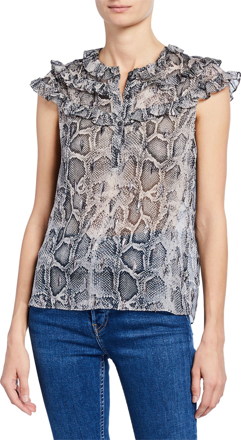 Rebecca Taylor Snake-Print Button-Front Cap-Sleeve Ruffle Top