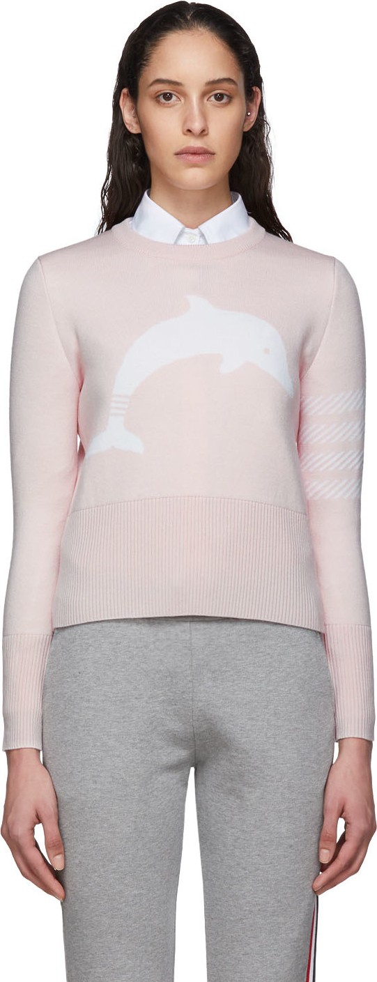 Thom Browne Pink Dolphin Icon 4-Bar Crewneck Sweater