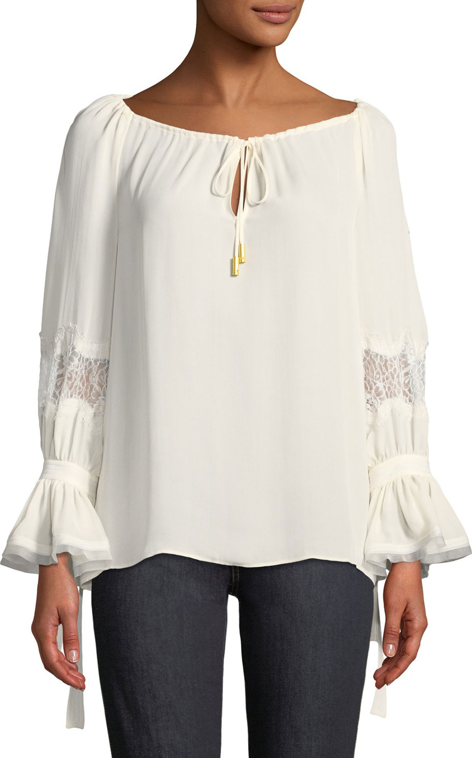 Tory Burch Christy Tie Boat-Neck Lace-Inset Long-Sleeve Silk Blouse