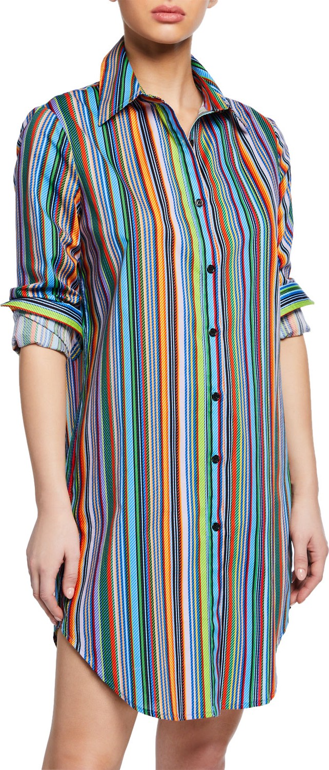 MILLY Jessica Striped Button-Front Long-Sleeve Coverup