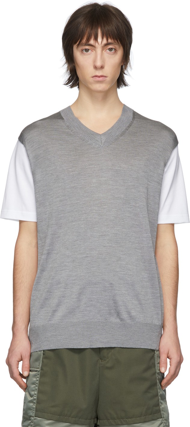 Junya Watanabe White & Grey Thin Knit Jersey T-Shirt