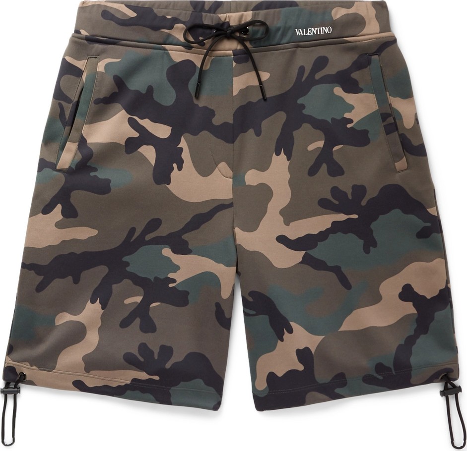 Valentino Camouflage-Print Fleece-Back Jersey Drawstring Shorts