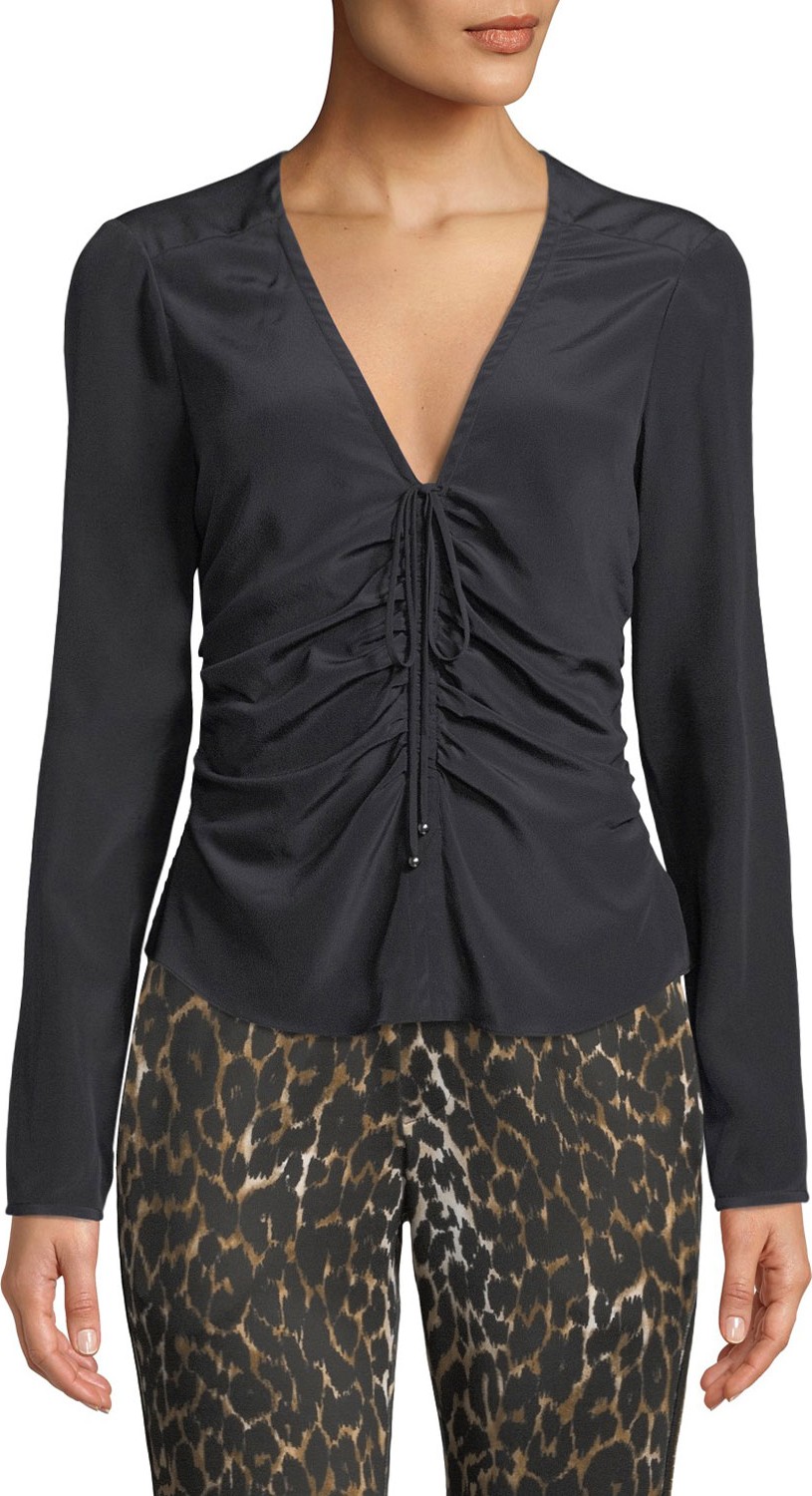 Veronica Beard Maisle V-Neck Ruched-Front Long-Sleeve Silk Blouse