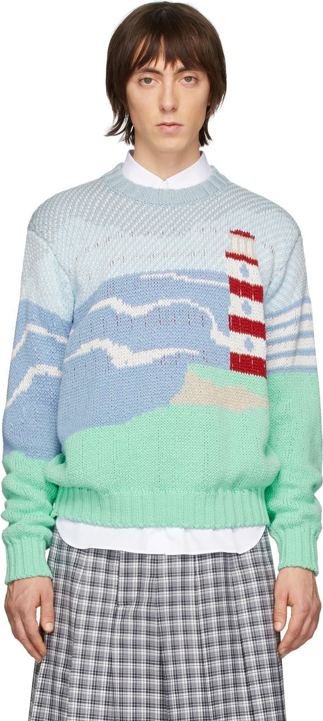 Thom Browne Blue Intarsia Lighthouse Sweater