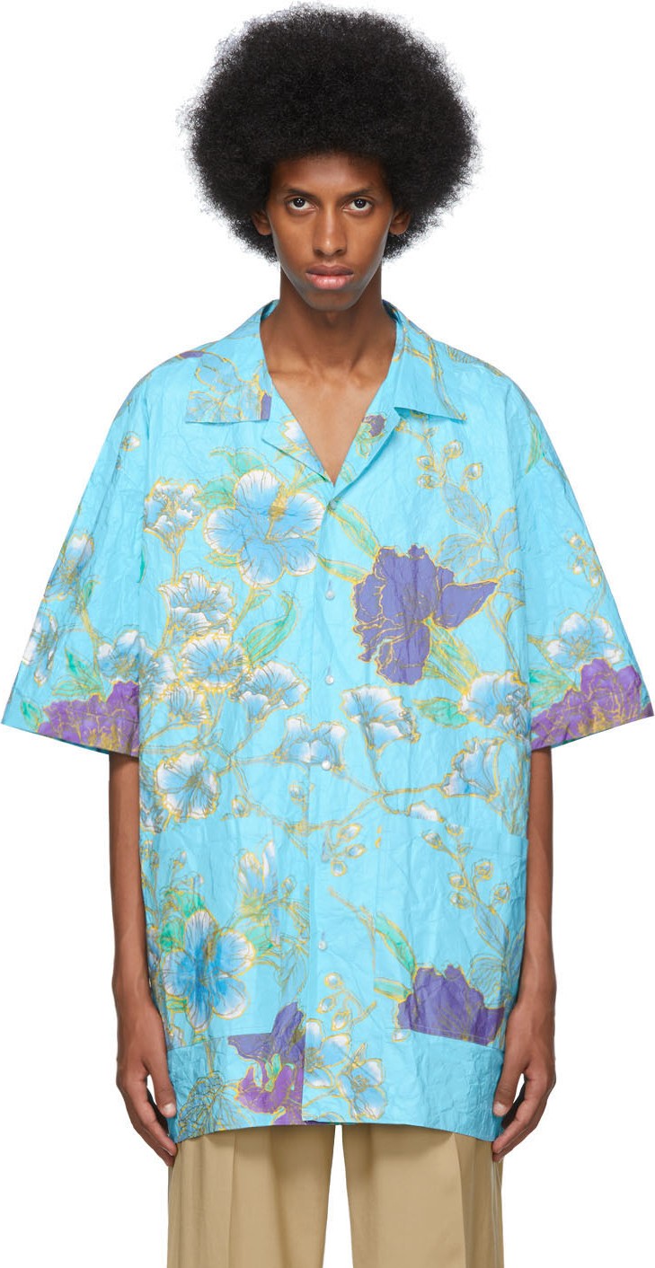 Gucci Blue Paper Effect Paradise Lost Bowling Shirt