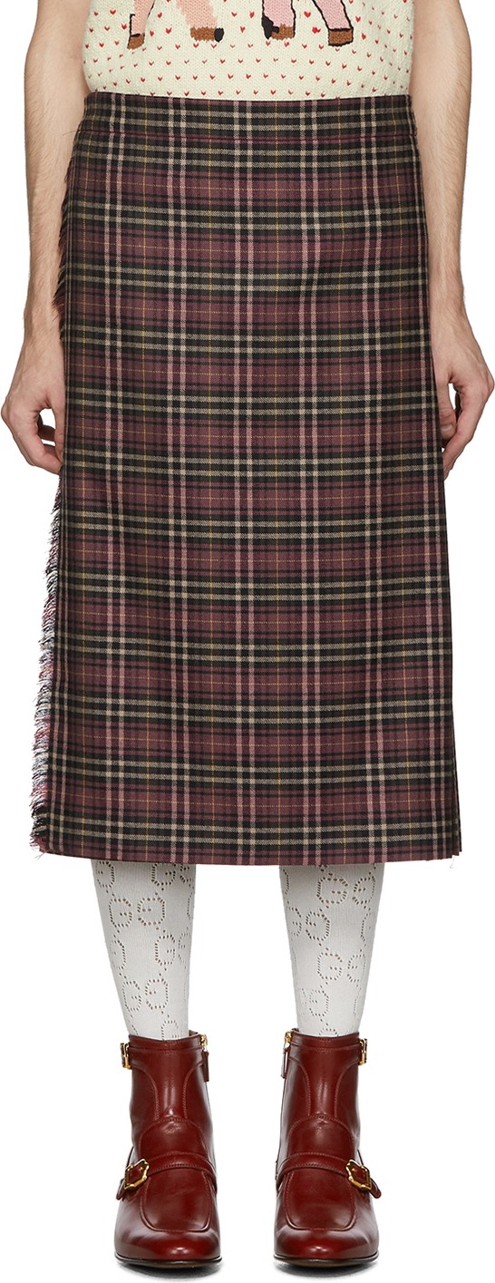 Gucci Burgundy & Black Wool Tartan Kilt Shorts