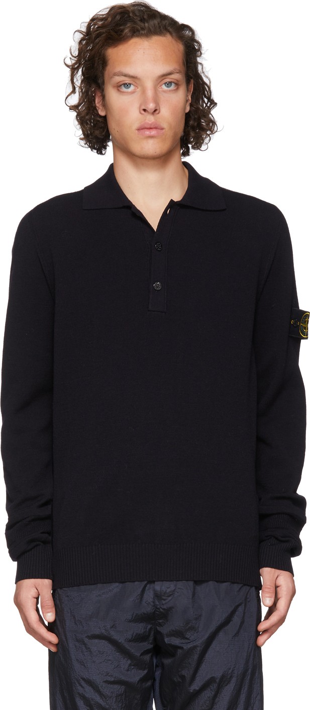 Stone Island Navy Knit Long Sleeve Polo