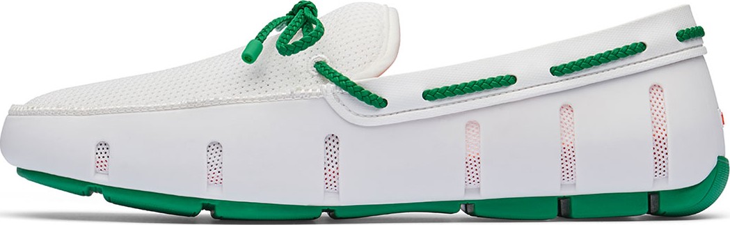 Swims Mesh & Rubber Braided-Lace Boat Shoes, White/Green