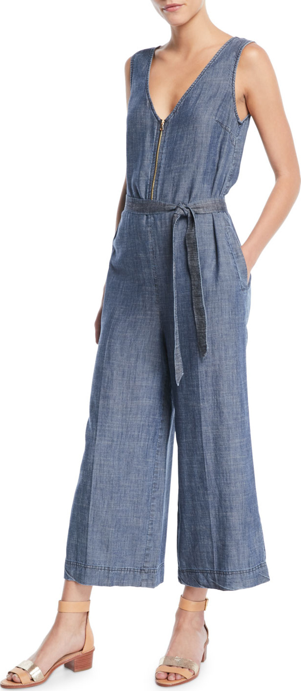Trina Turk Palo Alto V-Neck Jumpsuit in Crosshatch Chambray