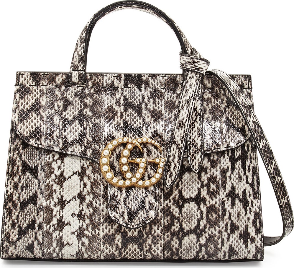 Gucci GG Marmont Small Pearly Snakeskin Top-Handle Satchel Bag, Natural