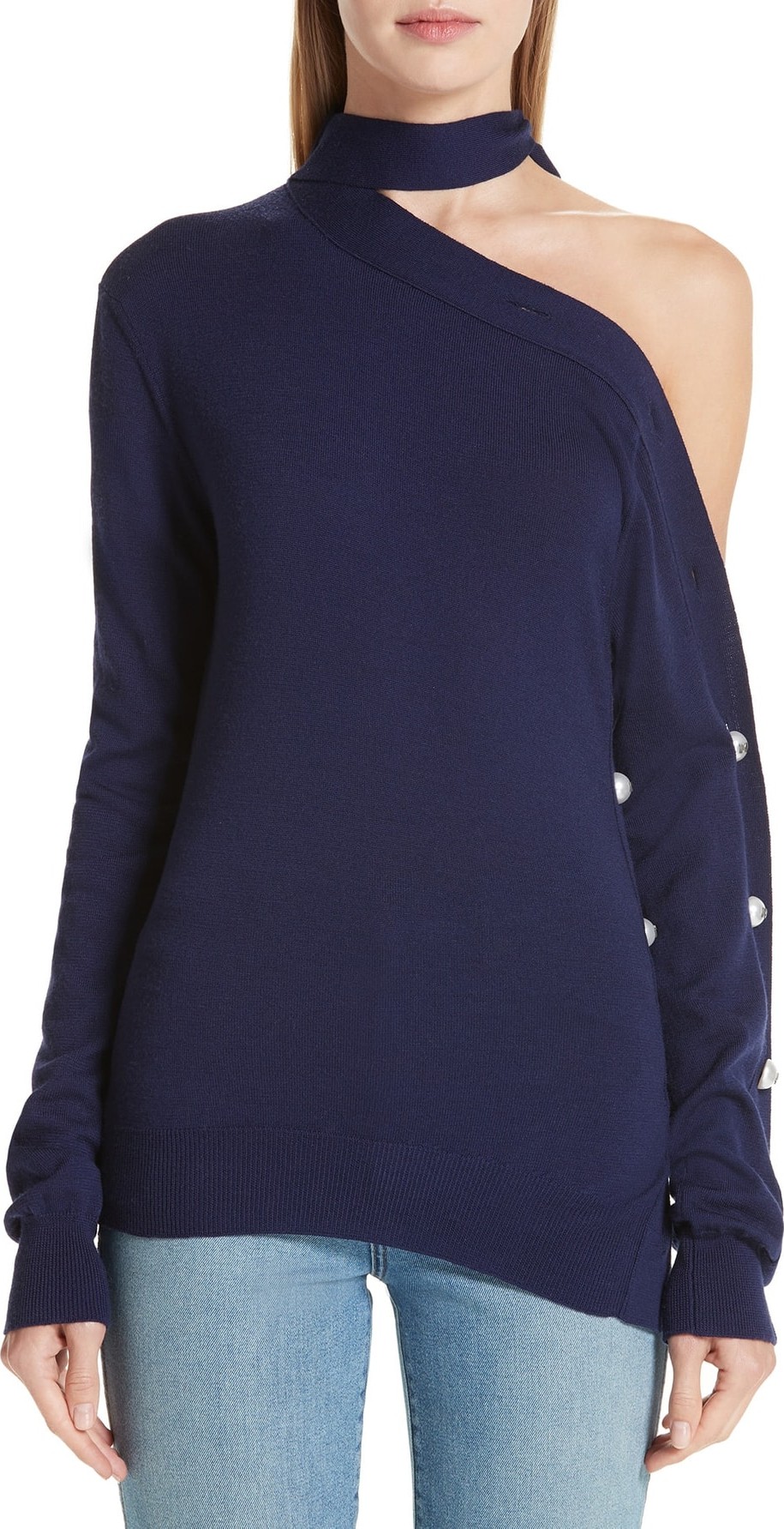 Monse Button Sleeve One-Shoulder Wool Sweater