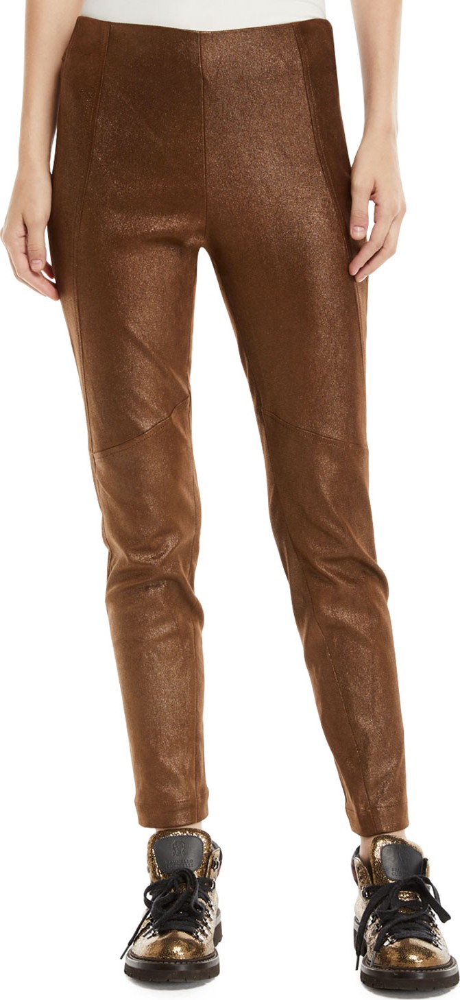 Brunello Cucinelli Metallic Leather Side-Zip Legging Pants