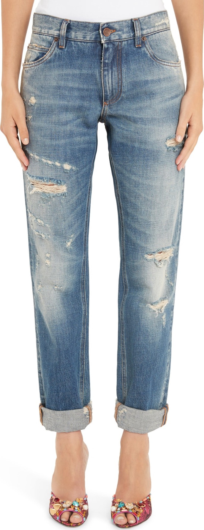 Dolce & Gabbana Embroidered Patch Ripped Straight Leg Jeans