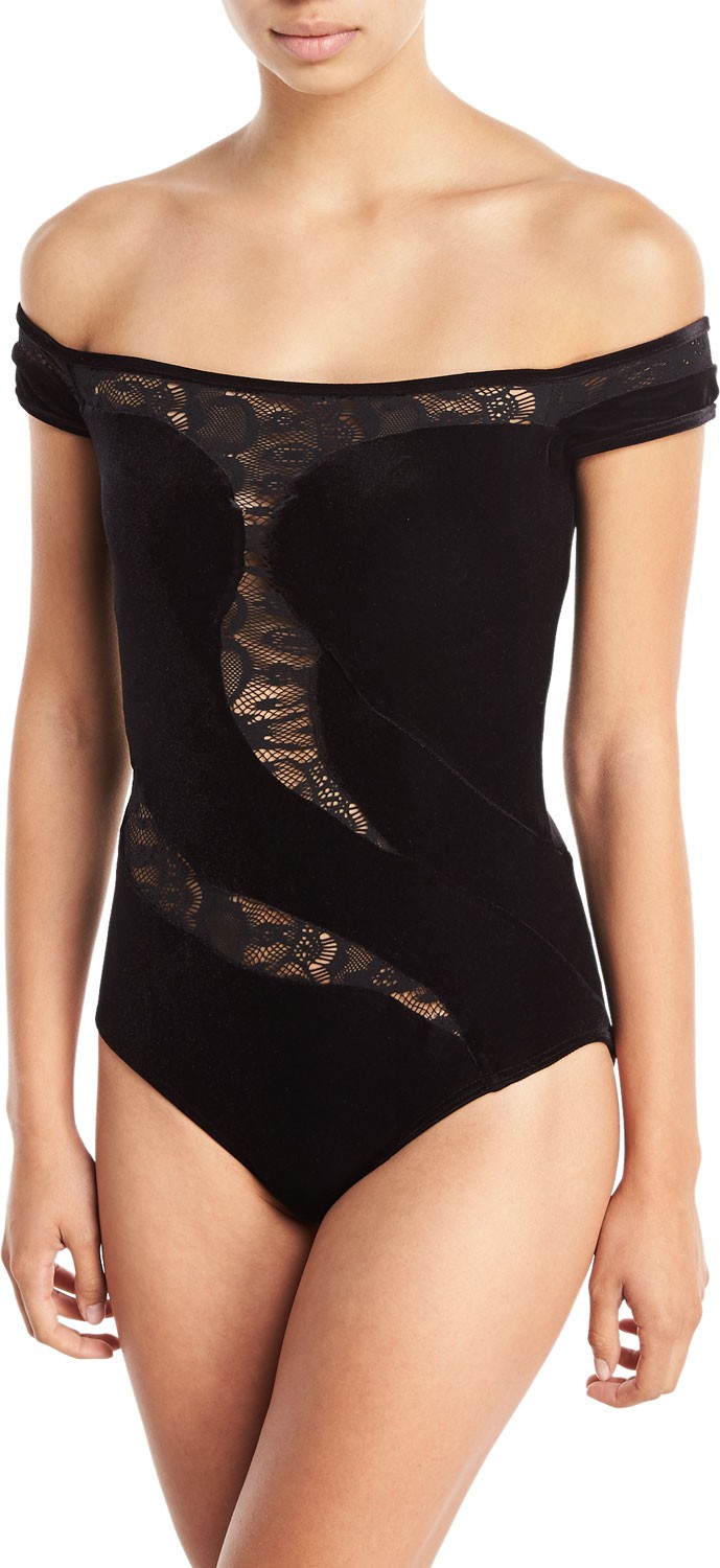 JETS by Jessika Allen Lustrous Off-the-Shoulder Velvet One-Piece Swimsuit