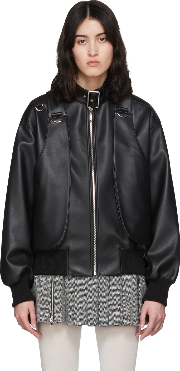 We11done Black Faux-Leather Buckled Neck Bomber Jacket