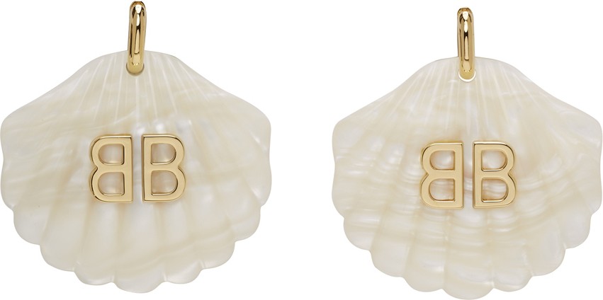 Balenciaga White & Gold Mermaid Shell Earrings