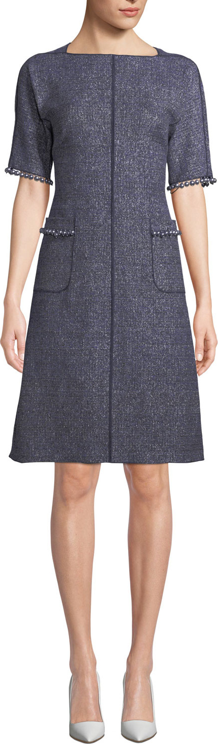 Rickie Freeman for Teri Jon Tweed Pocket Dress w/ Pearly Trim