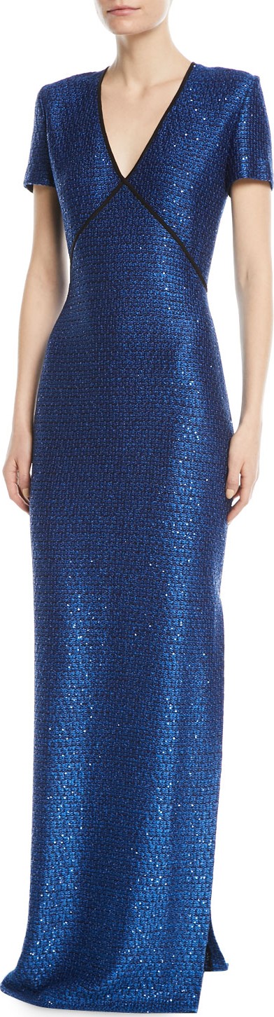 St. John Luster Sequin V-Neck Evening Gown