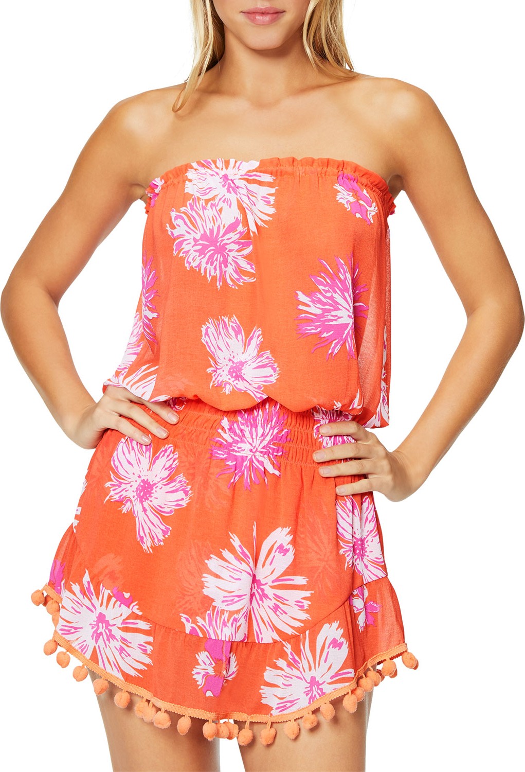 Ramy Brook Marcie Printed Strapless Short Dress with Pompoms