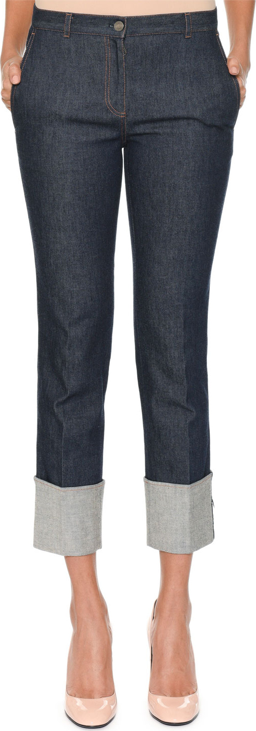 Bottega Veneta Slim Straight-Leg Jeans w/ Leather Intrecciato Trim and Deep Cuff