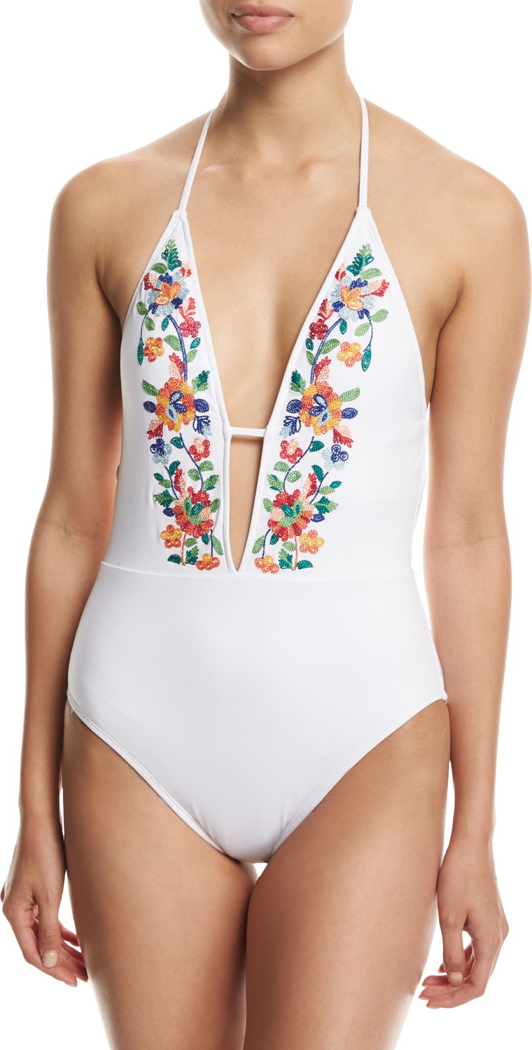La Blanca Eden Floral-Embroidered Halter One-Piece Swimsuit, White
