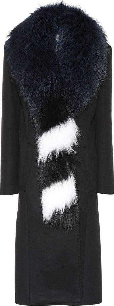 Off White Fur-trimmed wool-blend coat