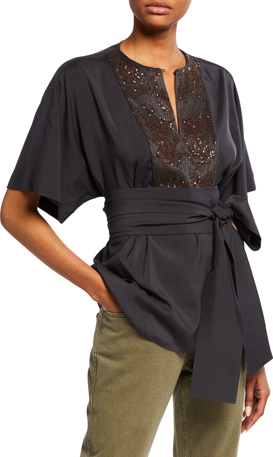 Brunello Cucinelli Sequin Floral-Embroidered Bibbed Kimono Blouse