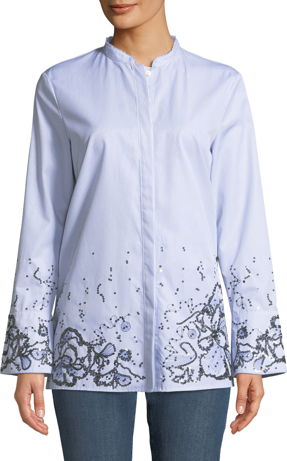 Escada Sport Striped Button-Down Cotton Shirt w/ Sequin Embellishment