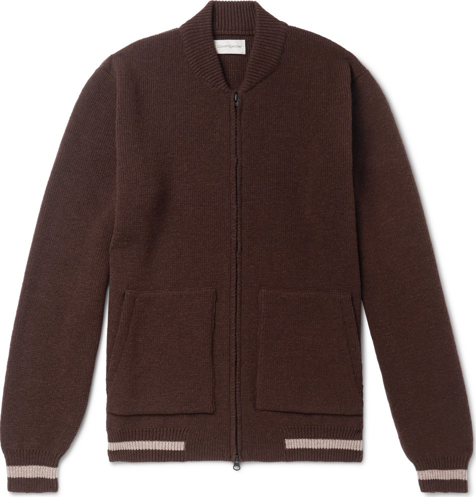 Oliver Spencer Manor Stripe-Trimmed Wool Zip-Up Cardigan