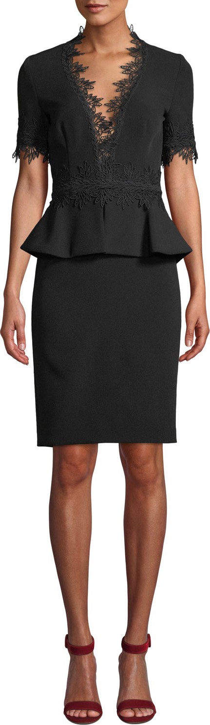 NK32 Naeem Khan V-Neck Peplum Dress w/ Lace