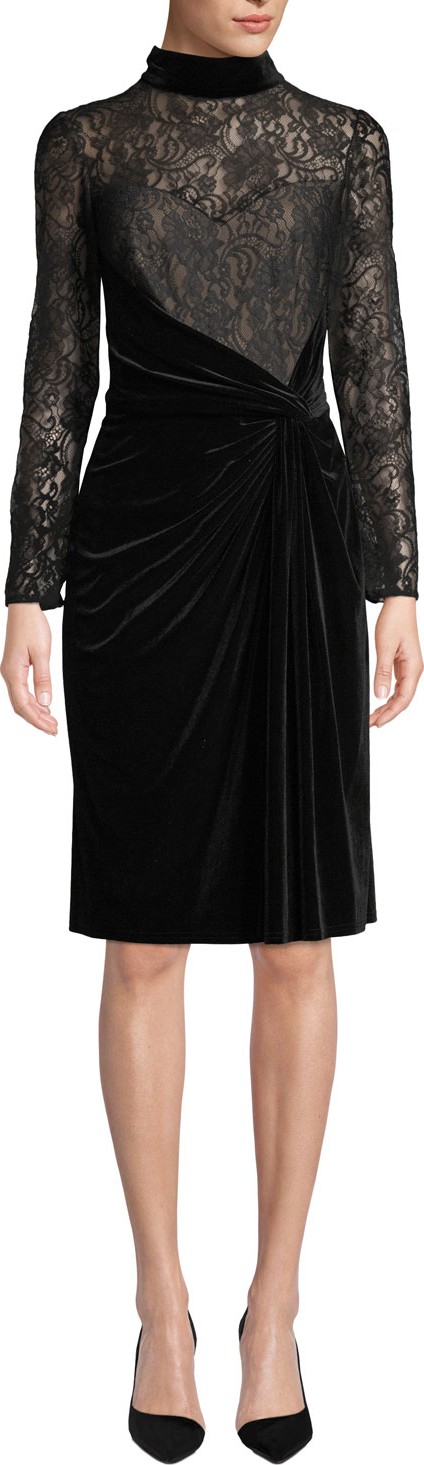 Tadashi Shoji Lace Long-Sleeve & Velvet Ruched Dress