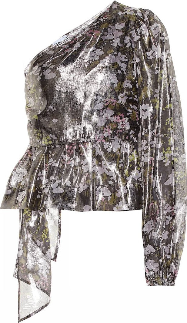 Ganni Floral silk one-shoulder top
