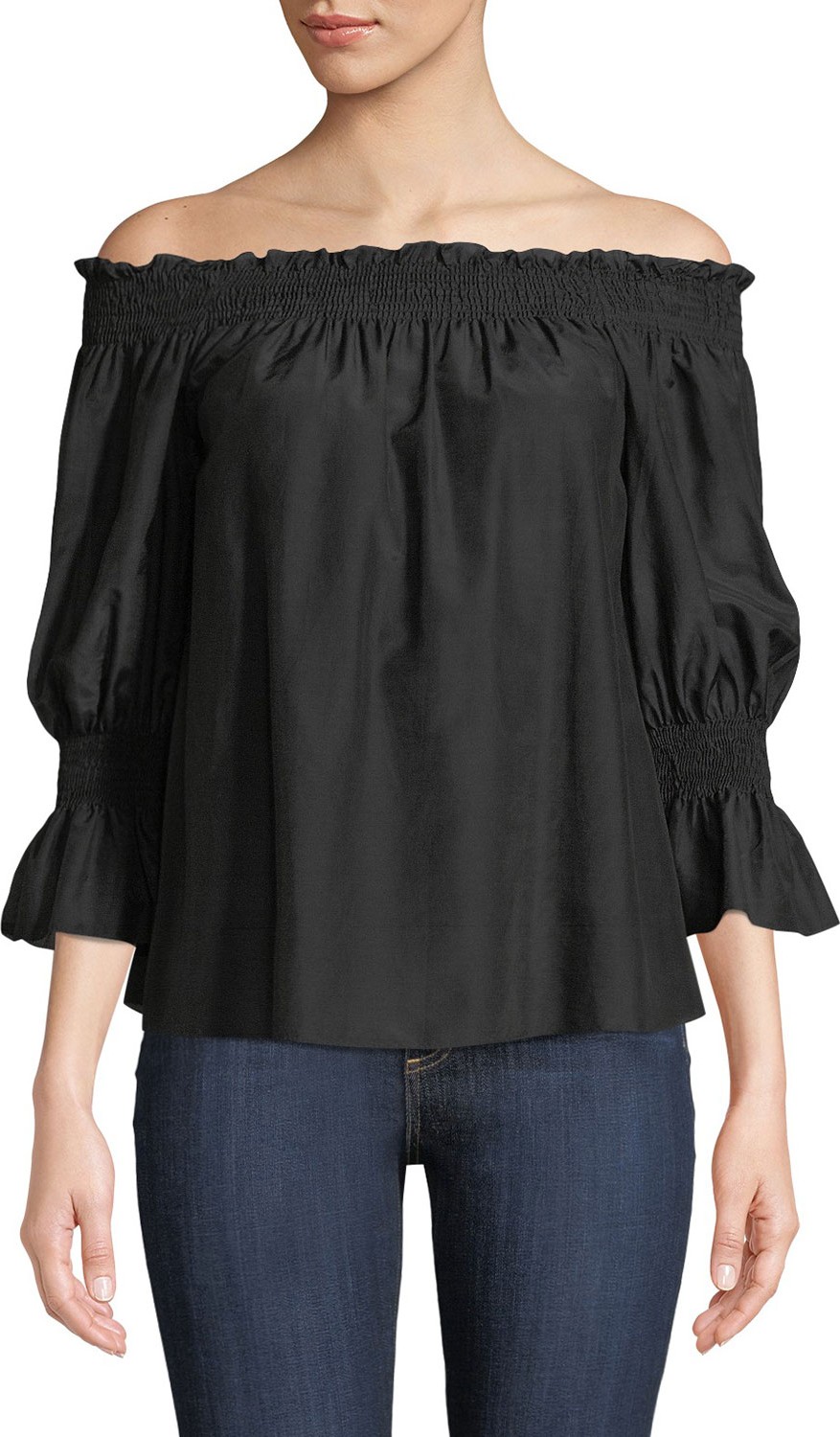 7 For All Mankind Smocked Silk/Cotton Off-the-Shoulder Top