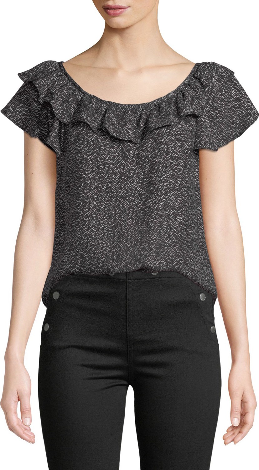 Rebecca Taylor Sprinkle Scoop-Neck Ruffle Dot-Print Silk Top