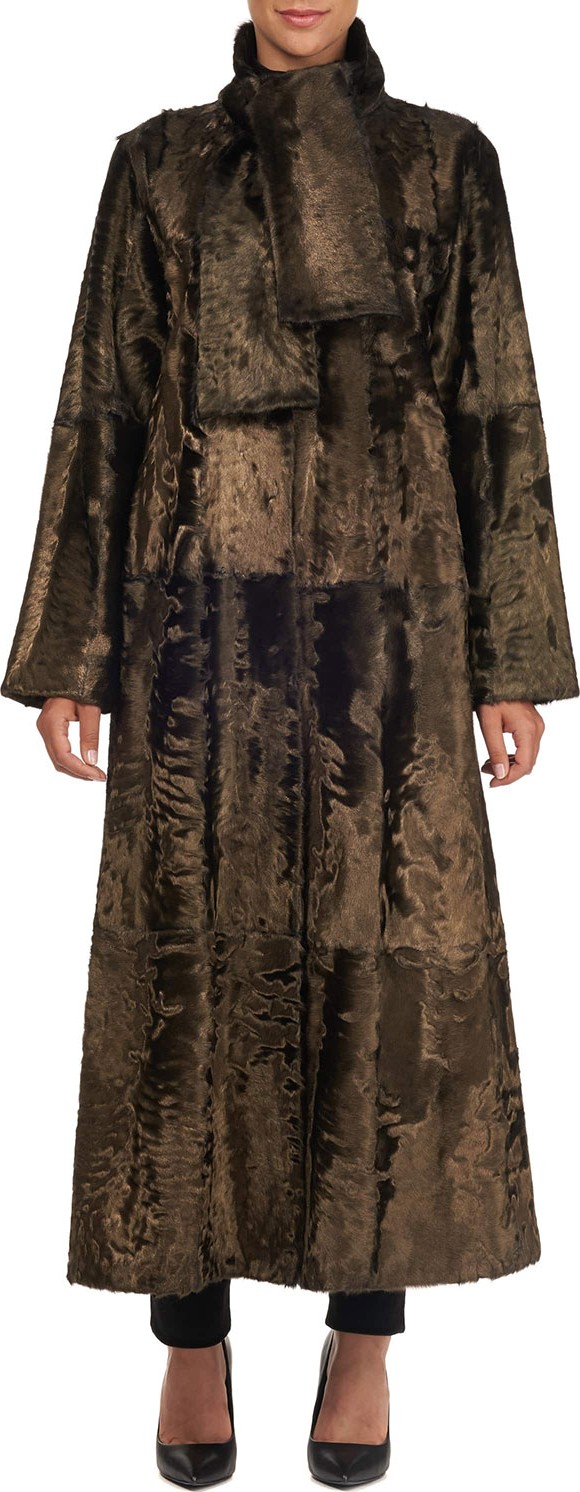 Oscar De La Renta Long Tie-Collar Lamb Fur Coat