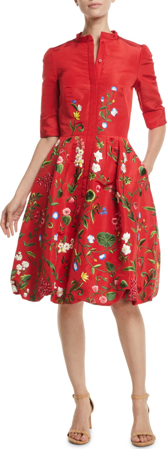 Oscar De La Renta Elbow-Sleeve Botanical-Embroidered Bubble-Hem Day Dress