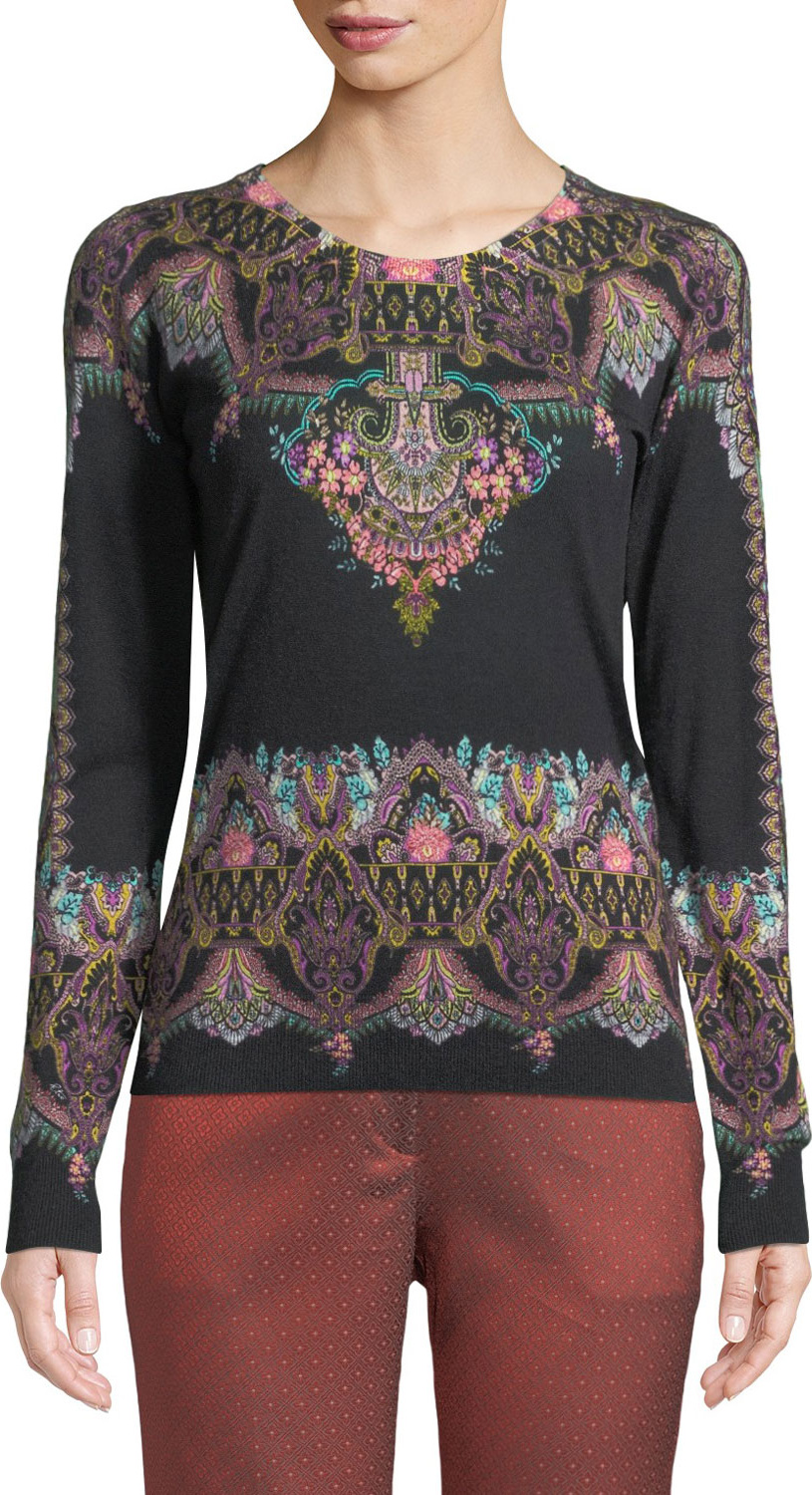 Etro Chain-Paisley Silk-Cashmere Crewneck Sweater