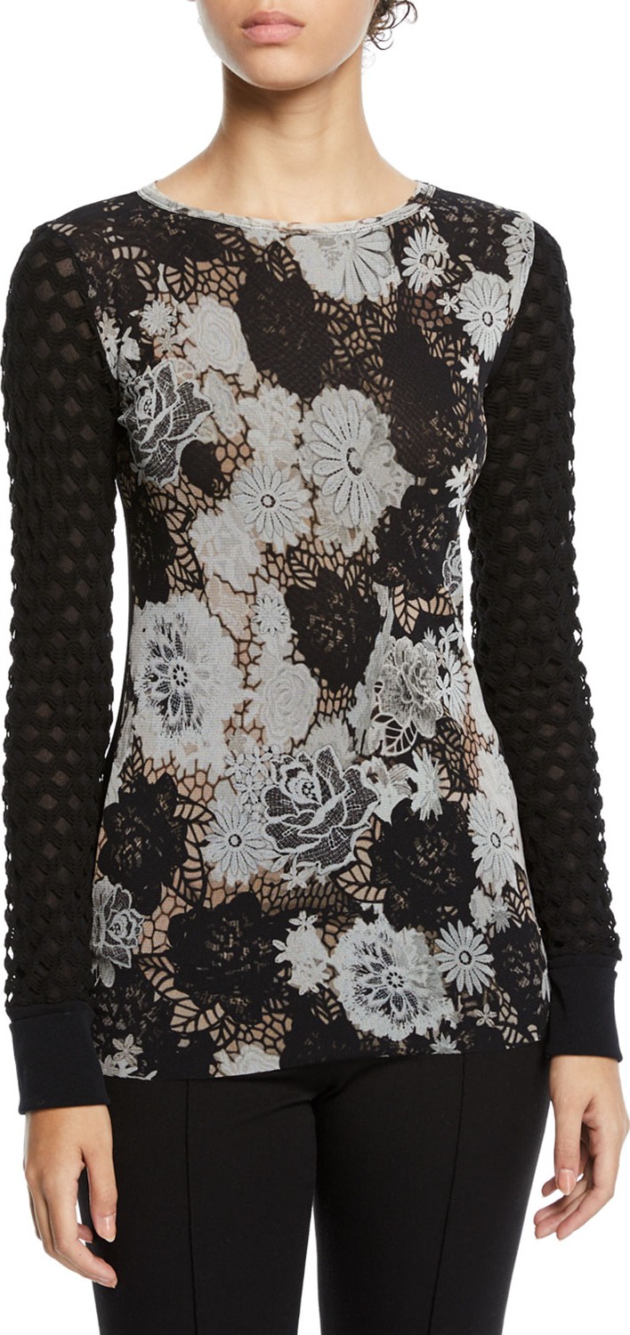 Fuzzi Floral-Lace Textured-Sleeve Top