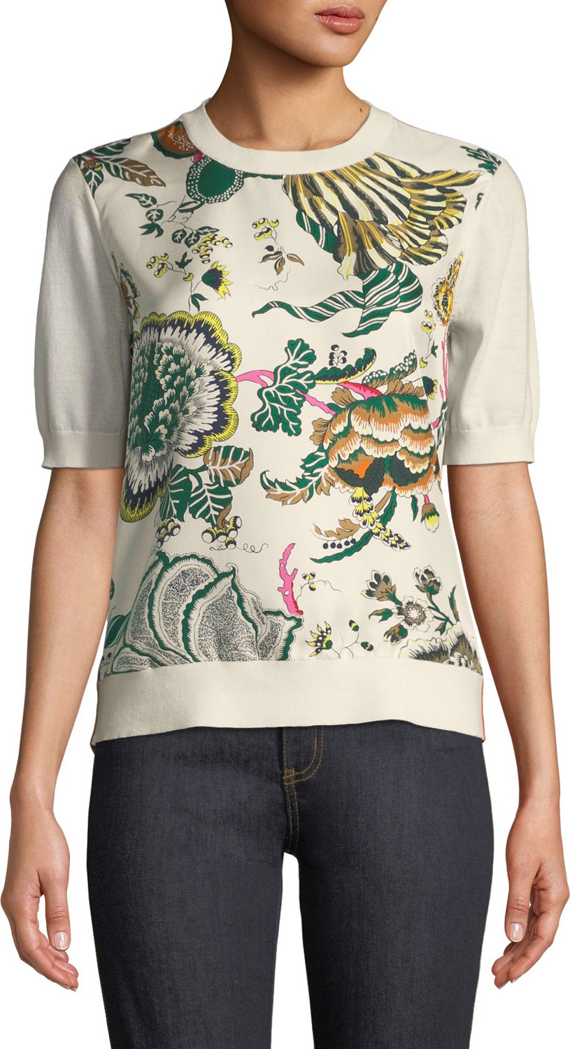 Tory Burch Silk-Print Merino Short-Sleeve Sweater