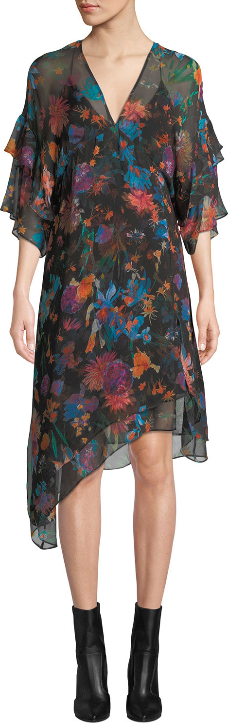 IRO Something V-Neck Tiered-Sleeve Floral-Print Silk Shift Dress